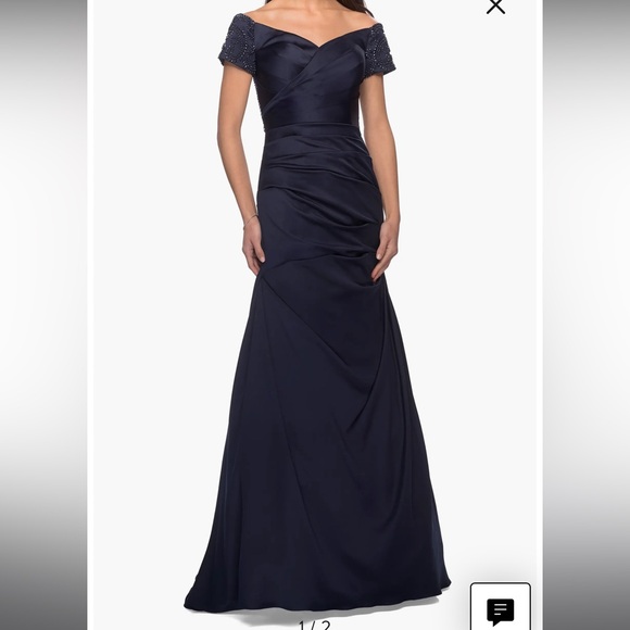 La Femme Off the Shoulder Beaded Satin Trumpet Gown brand new navy size 6